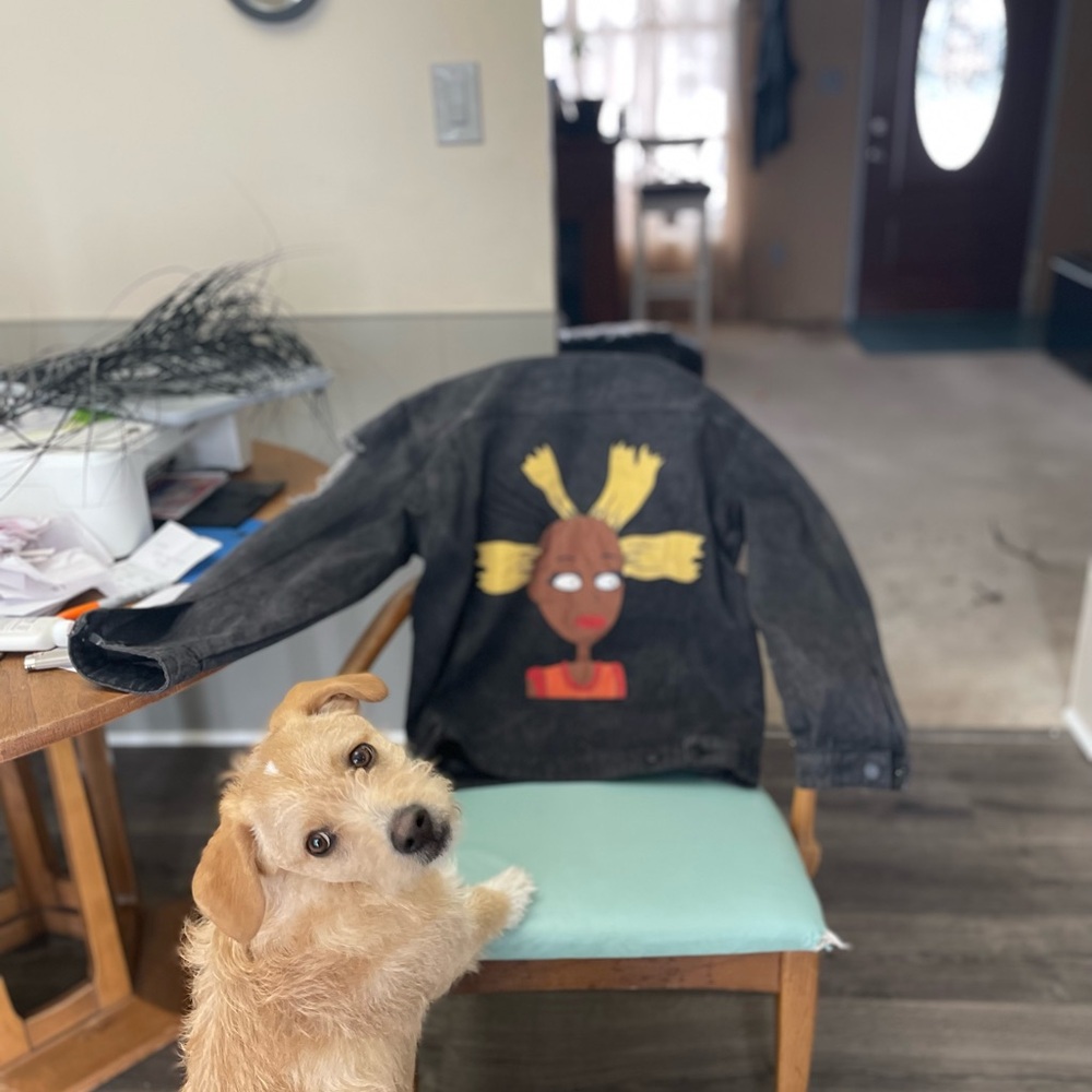 Black Denim Jacket with Colorful Face Design